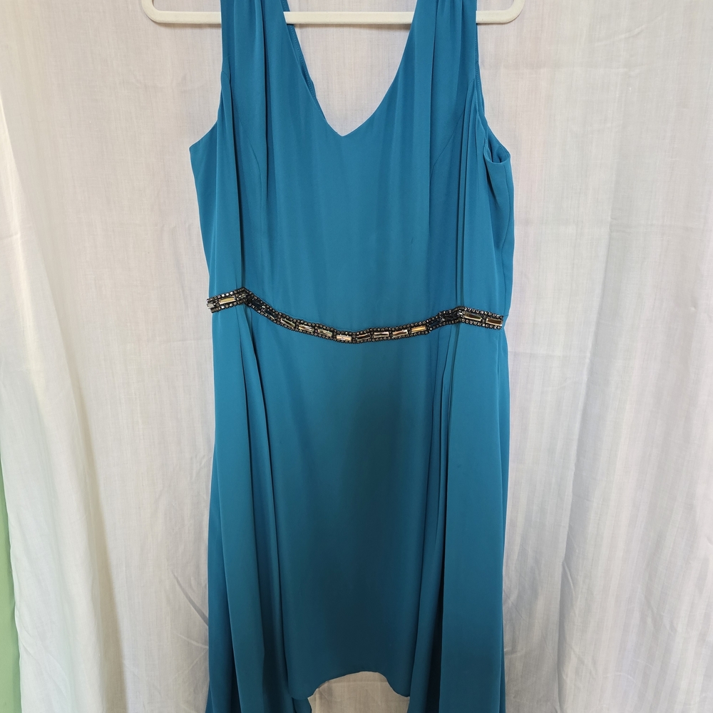 Adrianna Papell Teal Sleeveless High-Low Dress with Beaded Waist